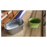 2 OVAL SHAPED GALVANIZED BUCKETS & 1 GREEN BUCKET