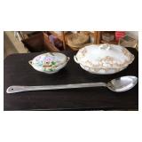 2 PORCELAIN LIDDED SERVING DISHES & LADDLE