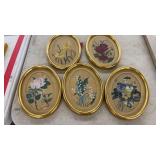 5 GOLD OVAL FRAMED FLORAL ART