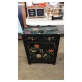 CHINESE BLACK LACQUER CABINET W/GLASS TOP