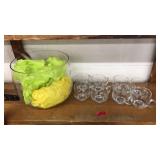 ETCHED GLASS PUNCH BOWL & 8 GLASSES