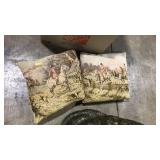 PAIR OF NEEDL POINT HUNT SCENE THROW PILLOWS