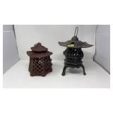 2 JAPANESE CAST IRON PAGODA GARDEN LANTERNS