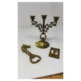 BRASS CANDLESTICK HOLDER, BOTTLE OPENER & "G"