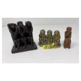 3 MONKEY FIGURINES: BRASS AND WOOD