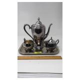 SILVERPLATE TEA SET: TRAY, SUGAR, CREAMER, TEAPOT