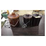 3 VNTG. BROWN GLAZED STONEWARE CROCKS W/LIDS