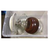 CAKE STANDS, LID AND WOODEN BOWL