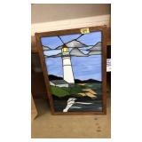 FRAMED STAINED GLASS LIGHTHOUSE SCENE