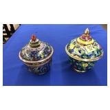 2 ASIAN POLYCHROME DECORATED LIDDED CUPS