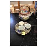 MIDDLE EASTERN BRASS MOUNTED CERAMIC 5 PC. TEA SET