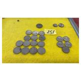 5 BUFFALO NICKELS, 14 V NICKELS, AND MISC