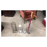 3 CLEAR GLASS VASES & TOILET PAPER HOLDER