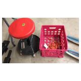 ROLLING SHOP STOOL, CRATE, EXTENSION CORD