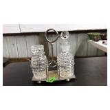 ANTQ. SILVER PLATED CRUET SET W/CUT GLASS BOTTLES