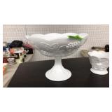 2 MILK GLASS PEDESTAL DISHES: GRAPE PATTERN