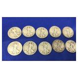 10 WALKING LIBERTY HALF DOLLARS
