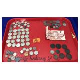 TRAY OF ASST FOREIGN CURRENCY COINS & ETC