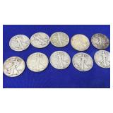10 WALKING LIBERTY HALF DOLLARS