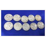 10 WALKING LIBERTY HALF DOLLARS