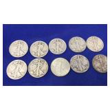 10 WALKING LIBERTY HALF DOLLARS