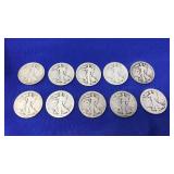 10 WALKING LIBERTY HALF DOLLARS