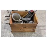 WOOD CRATE W/ VINTAGE KITCHENWARE