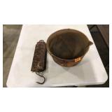 FOOTED CAST IRON KETTLE W/ BRASS FACE SCALE