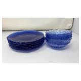 VINTAGE BLUE ICE GLASS BOWL & PLATE SET