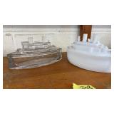 MILK GLASS & CLEAR GLASS LIDDED SHIP MDL CONTAINER