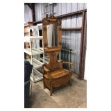 ANTIQUE CARVED OAK MIRRORED HALL TREE