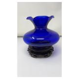 VINTAGE COBALT BLUE GLASS RUFFLED EDGE VASE