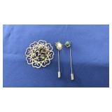 2 STERLING HAT PINS, & STERLING PIN