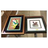 2 FRAMED CROSS STITCHES, PARROTT & CHICKEN