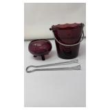 VINTAGE AMETHYST ICE BUCKET W/ TONGS & FOOTED BOWL