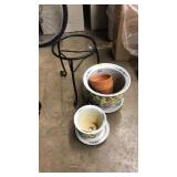 2 ORIENTAL PLANTERS AND METAL STAND