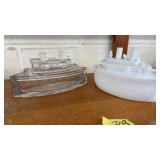 MILK GLASS & CLEAR GLASS LIDDED SHIP MDL CONTAINER