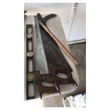 2 HAND SAWS, SMALL SYTHE, & LEVEL