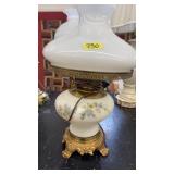 HAND PAINTED MILK GLASS & BRASS TABLE LAMP