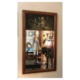 FRAMED BEVELLED EDGE MIRROR W/ ORIENTAL ART