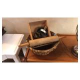 ANTIQUE BASKET AND BAKING ITEMS