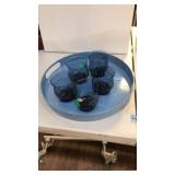 5 PC BLUE GLASSWARE SET ON BLUE SERVING TRAY