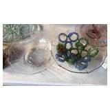 2 ETCHED GLASS BOWLS W/ COLL OF NAPKIN RINGS