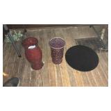 RED GLASS VASES & PLATTER