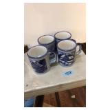 SET OF 4 BLUE & WHITE MUGS SNOW SCENE