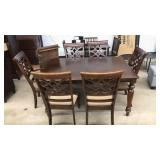 7 PC DINING SET: INLAID TABLE , LEAF & 6 CHAIRS