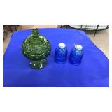 COBALT BLUE SALT & PEPPER AND COINGLASS LID DISH
