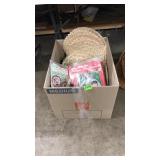 BOX OF NEEDLEPOINT CRAFTS AND MISC