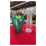 CRACKLE GLASS GREEN VASE & CLEAR VASE