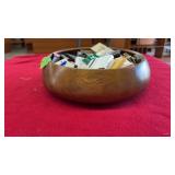 WOOD CARVED BOWL W/ ASST MATCH BOXES